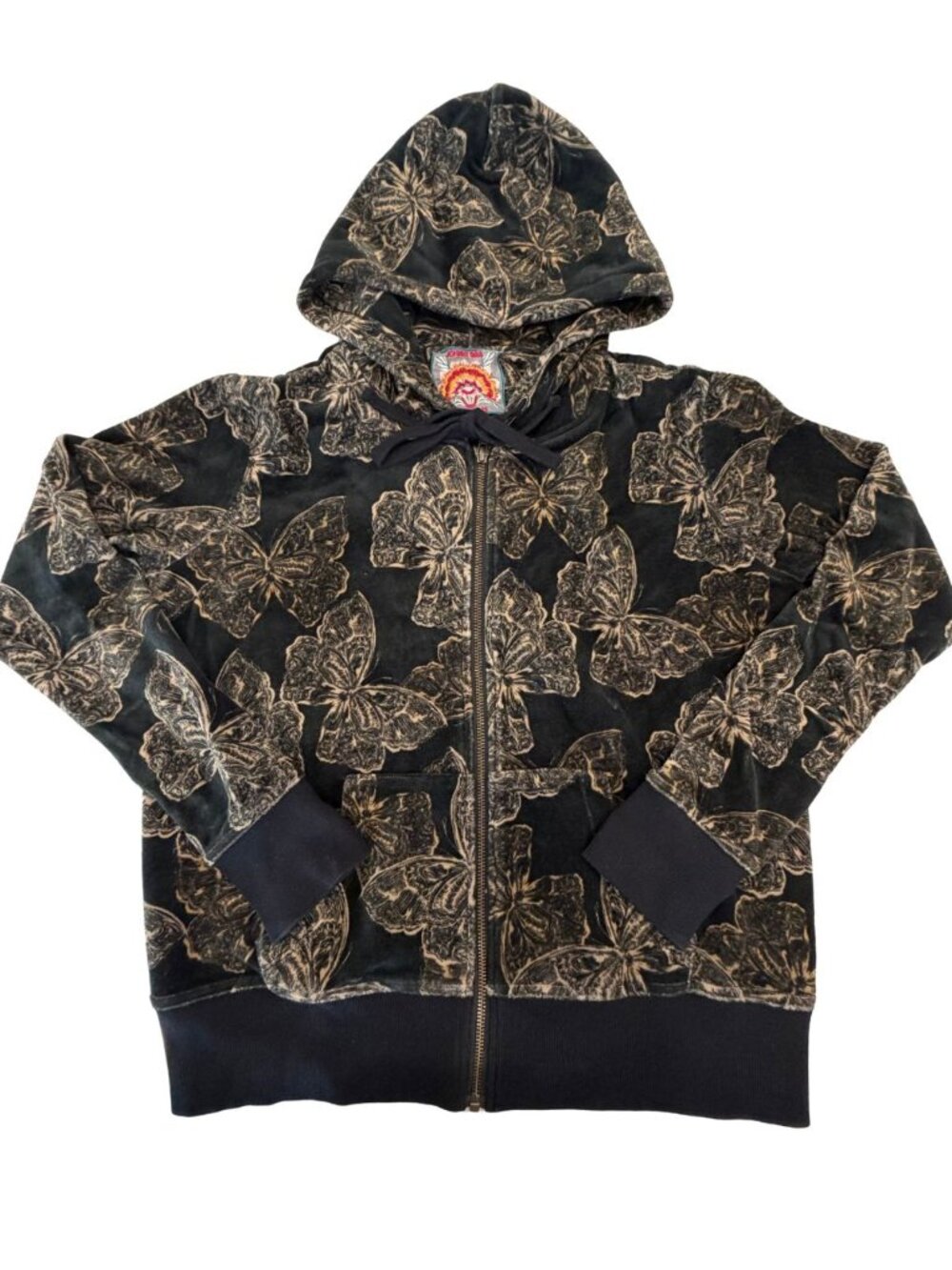 Johnny Was Zuri Velour Butterfly Full Zip Hoodie Black Gold XS